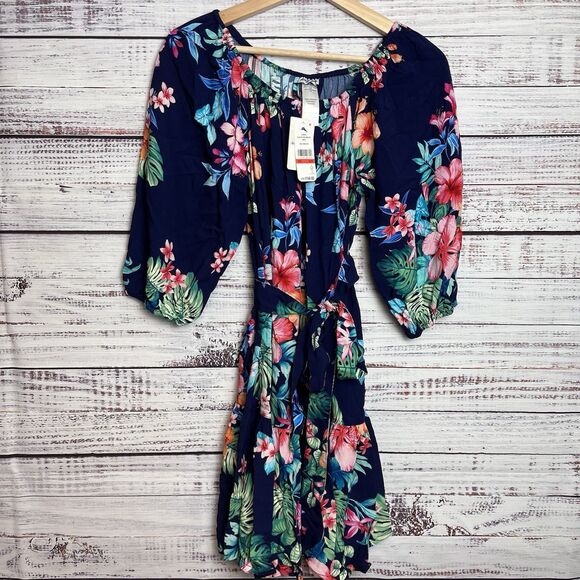 Tommy Bahama Flora Off Shoulder Dress Coverup XS Navy Belt Tropical Hawaiian NWT - Picture 9 of 16